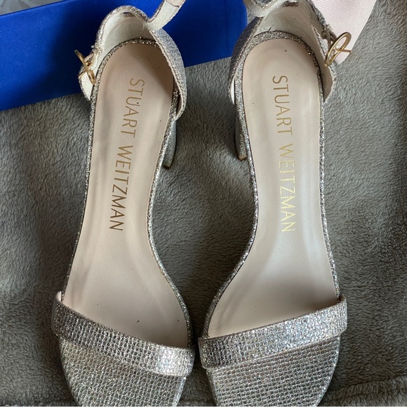 Stuart Weitzman Nudistcurve Glitter Block-Heel Sandals Platino (7) - Picture 12 of 16